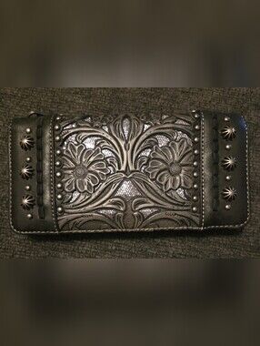 Embossed Black Floral Metallic Wallet Silver Studs